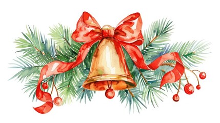 A Christmas bell with a red bow and pine branches