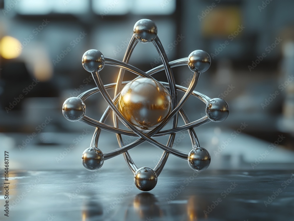 Poster intricate 3d representation of a technetium atom demonstrating its electron shell structure and radi