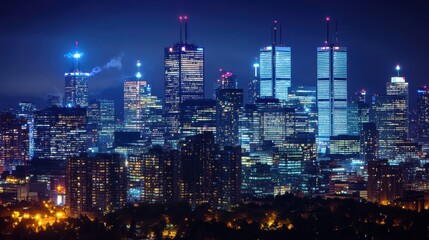Fototapeta premium Urban skyline at night vibrant lights and aerial views of a bustling environment