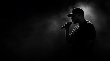 Silhouette of a male singer performing on stage, microphone in hand, dramatic lighting and smoke.
