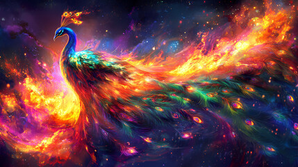 Vibrant digital artwork of a phoenix-like peacock with colorful flames and ethereal effects, depicting fusion of fire and beauty. Phoenixlike. Illustration