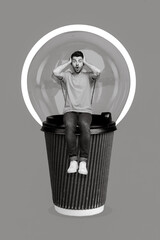Collage artwork graphics picture of impressed guy sitting huge coffee carton cup isolated painting background