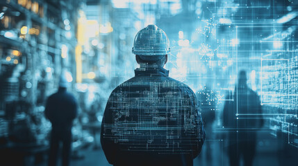 Industrial Worker with Safety Helmet Overseeing Modern Data Visualization in a Futuristic Manufacturing Environment
