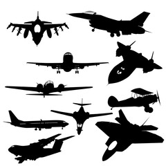 airplane silhouette vector illustration collection. airplane silhouettes from different angles and types on white background. ideal for transportation or airplane design