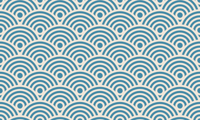 Serene Seigaiha Waves. Seamless pattern of overlapping teal semicircles on a beige background.