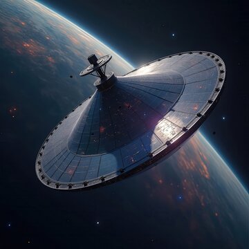 An advanced space transport vehicle orbits a distant planet, highlighting its unique, conical shape and reflective surface.