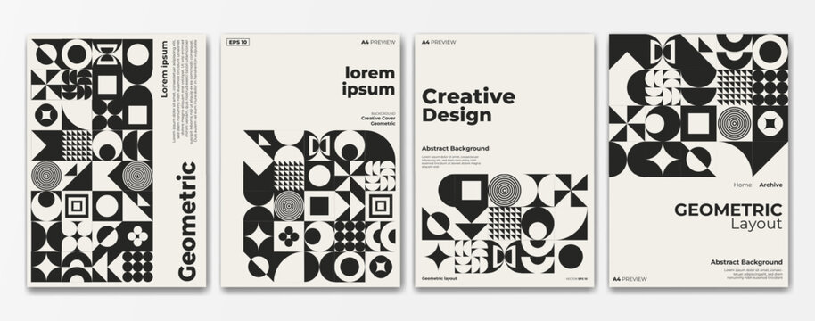 black and white geometric poster set with a4 format preview. Retro black and white geometric Bauhaus pattern background. Square, circle, semicircle, triangle and square line pattern
