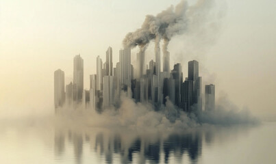 A surreal cityscape shrouded in fog and smoke, depicting an industrial landscape that underscores environmental issues.