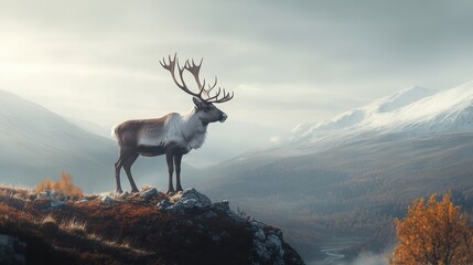 Naklejka premium Stunning visuals majestic reindeer in serene mountain high-fidelity environment