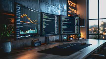 Modern workspace featuring multiple computer monitors displaying data analysis, stock market graphs, code framework in a stylish urban setting with dim lighting