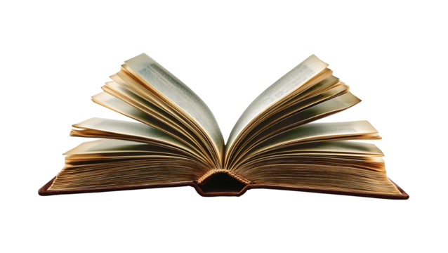 Open old vintage book browsing pages shuffling on transparent background, png


