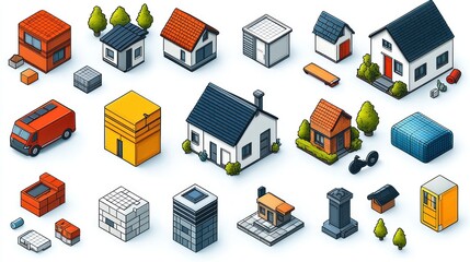 Fototapeta premium Collection of isometric buildings and objects for design.