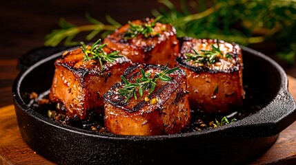 Grilled pork belly cubes in cast iron skillet.