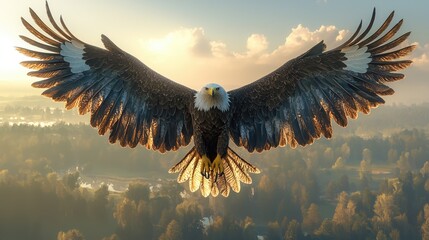 Majestic bald eagle soaring over forest canopy in golden sunrise light