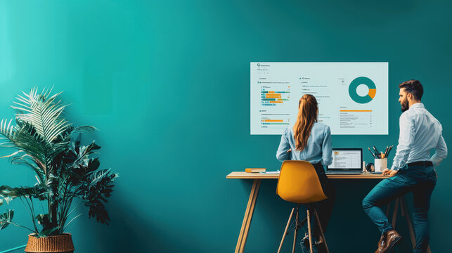Professionals Collaborating in Modern Office Space with Analytics Chart on Vibrant Teal Wall and Minimalist Furniture Aesthetic