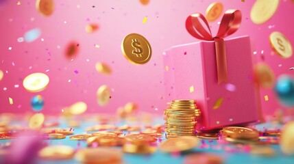 Pink gift box with gold coins and confetti.