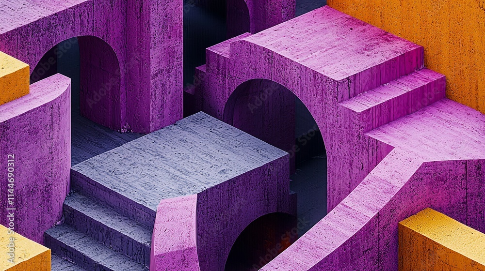Poster abstract geometric architecture with purple, orange, and gray concrete structures.
