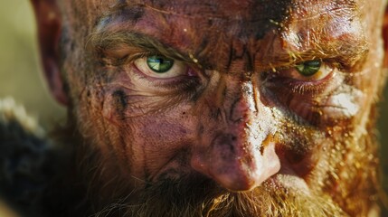 Cinematic portrait of a 46 year old viking warrior with striking green eyes and rugged features