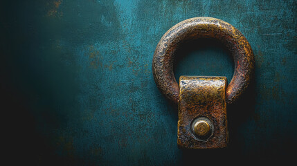 Vintage Rusty Metal Ring on Weathered Blue Background, Close-Up of Industrial Element with Texture and Depth for Unique Visual Impact