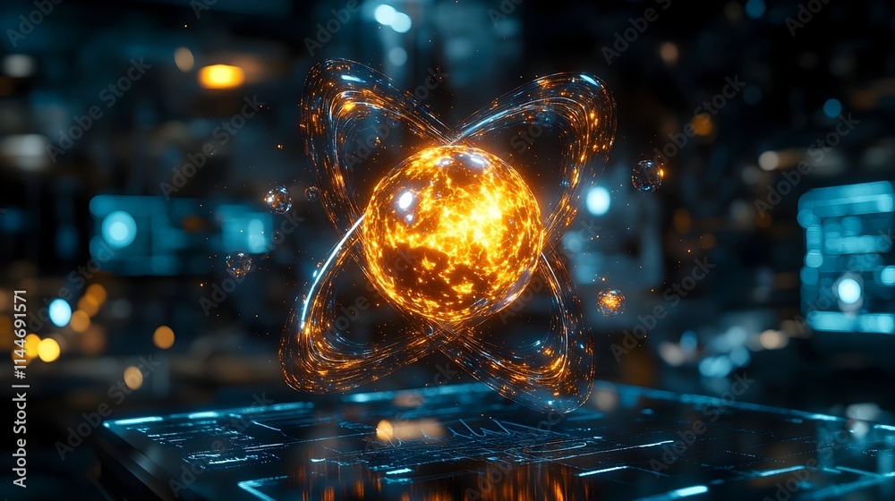 Poster exploded view of a technetium atom highlighting its subatomic particles and medical imaging applicat