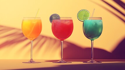 Three vividly colored cocktails photo against sunlit wall.. AI Generated
