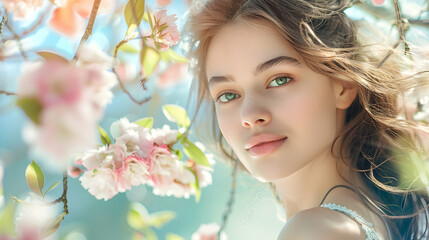 Fototapeta premium Young Woman with Green Eyes Surrounded by Blossoming Flowers
