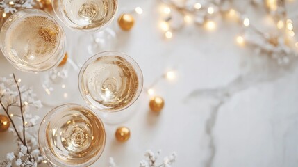New Year's Eve champagne glasses filled with bright festive holiday lights