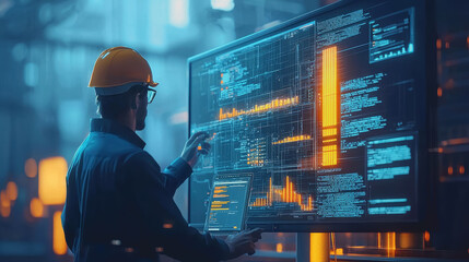 Industrial Worker Analyzing Data on Large Screen in Modern Factory Environment with Vibrant Graphs and Charts Displayed