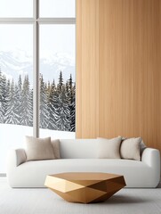 A modern, cozy living room features a white sofa, a geometric wooden coffee table, and a stunning snowy mountain view through large windows.