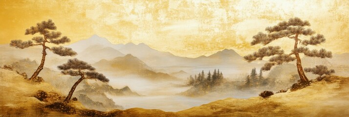 traditional japanese gold leaf landscape painting with pine trees, misty mountains, and elegant minimalist design
