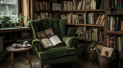 Cozy reading nook with green velvet chair surrounded by classic books and tea table