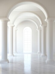 Obraz premium A serene space featuring white columns and arches, illuminated by natural light, creating a minimalist and elegant atmosphere.