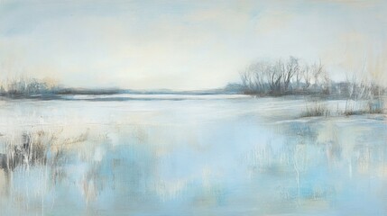 Fototapeta premium Frosty riverbank surrounded by snow-covered reeds and trees, reflecting icy blue and silver tones under the gentle morning light, evoking a serene winter landscape of frozen tranquility.