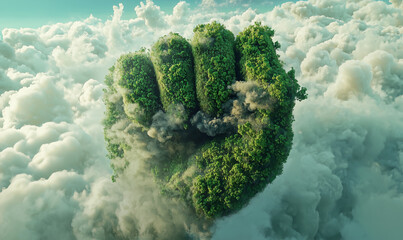 A powerful fist made of greenery emerges from clouds, symbolizing strength and environmental protection.