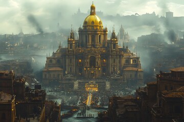 Majestic golden domed cathedral rising above a historic bustling European city skyline the ornate architecture and presence conveying a sense of profound cultural and spiritual significance