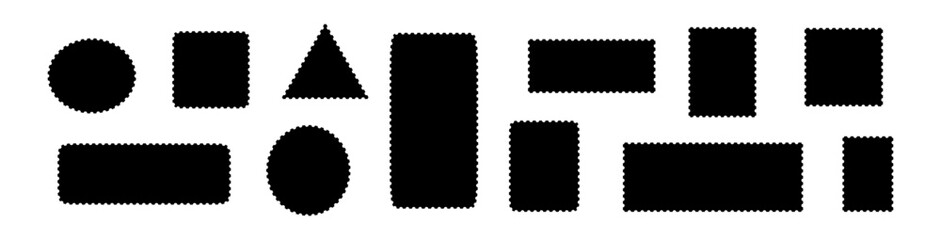 Perforated postage stamp frame with rectangular edges and postmark design. Vintage template for postcards, letters, and envelopes. Flat vector illustration isolated on white background.