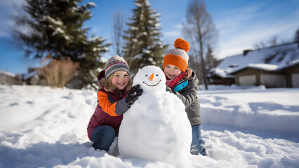 Happy children playing with snowman on sunny winter day in snowy backyard. Portrait of cheerful friends enjoying outdoor activities in fresh snow. Concept of childhood joy and seasonal recreation
