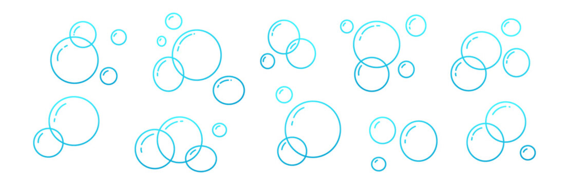 Hand drawn doodle of soap bubbles and foam in the air, bath or soda. Icons for water and soda. Flat vector illustration isolated on white background.