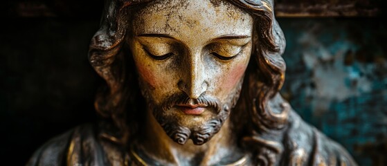 This depiction of Jesus Christ presents a serene expression, emphasizing spiritual themes through intricate artistic details and craftsmanship
