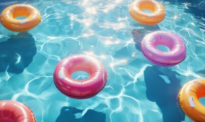 Enjoy summer fun with inflatable toys floating on the surface of the pool in this top-view illustration