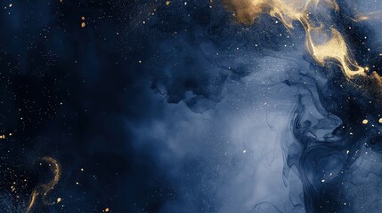 Fototapeta premium Abstract dark blue and gold cosmic background with fluid textures and glittering stars