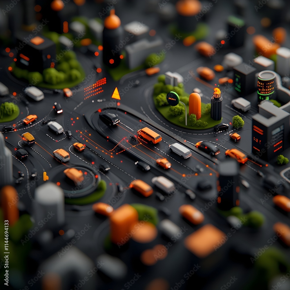 Poster aerial view of a sprawling urban landscape with intricate road systems and synchronized traffic flow