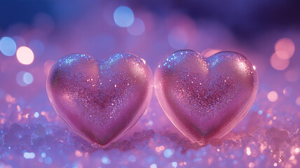 Fototapeta premium Glittering Pink Background with Two Hearts Capturing Valentine's Day Romance