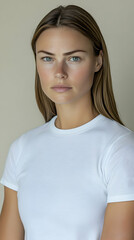 Obraz premium Woman in White T-Shirt, Calm Pose, Neutral Background, Fashion Portrait. Displays a simple, elegant style with subtle confidence.