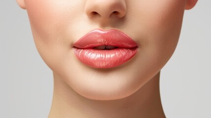 Close-up of women's lips with red lipstick on a white background