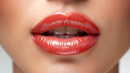 Obraz premium Close-up of women's lips with red lipstick