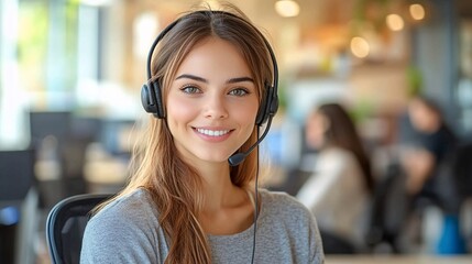 Smiling woman, customer service representative with a headset, sitting in a bright, modern office environment. The background features blurred colleagues, emphasizing a professional atmosphere
