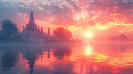 Fototapeta premium Breathtaking sunset scene over a serene tranquil lake with the silhouette of a magnificent temple complex reflected in the still waters A dramatic vibrant sky filled with fiery hues of orange red