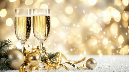 New Year's Eve champagne glasses filled with bright festive holiday lights