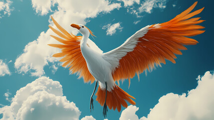 Majestic orange and white phoenix-like bird against a blue sky with fluffy white clouds. Phoenixlike. Illustration